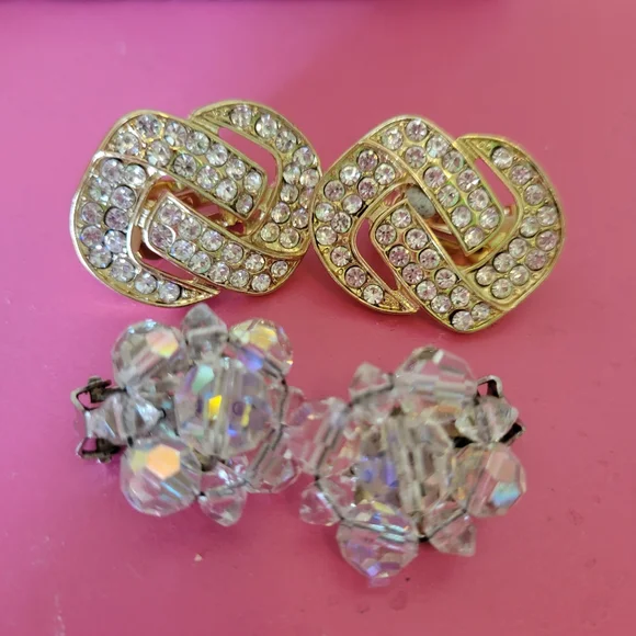 Clip-On Earrings ~ Vintage - Now ~ MCM Beaded Crystal & Current Rhinestone ~ 2pr - Picture 3 of 14